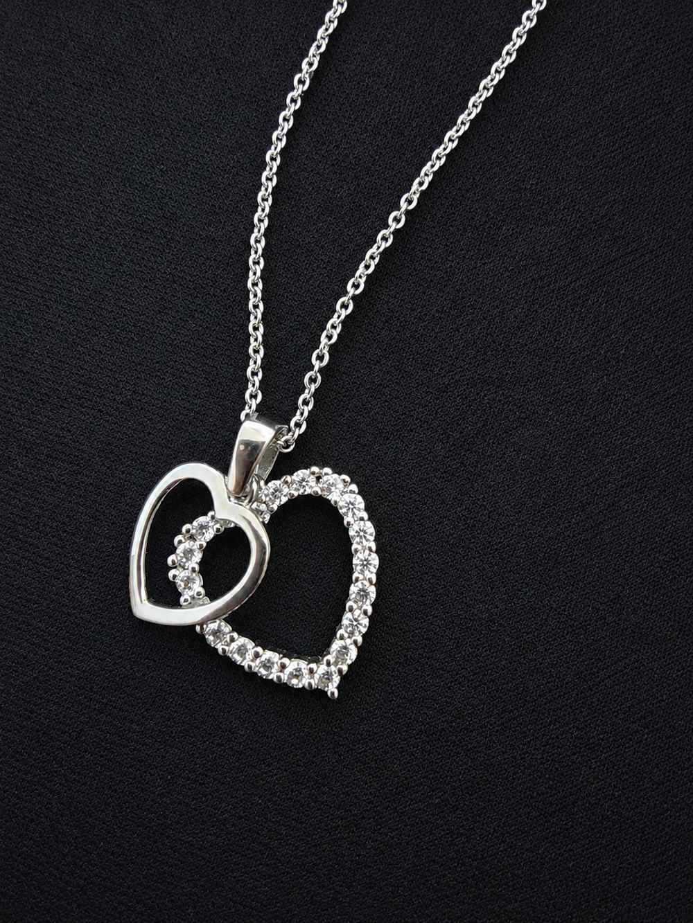 Silver Tone Double Heart Rhinestone Necklace Romantic Layered Heart Pendant